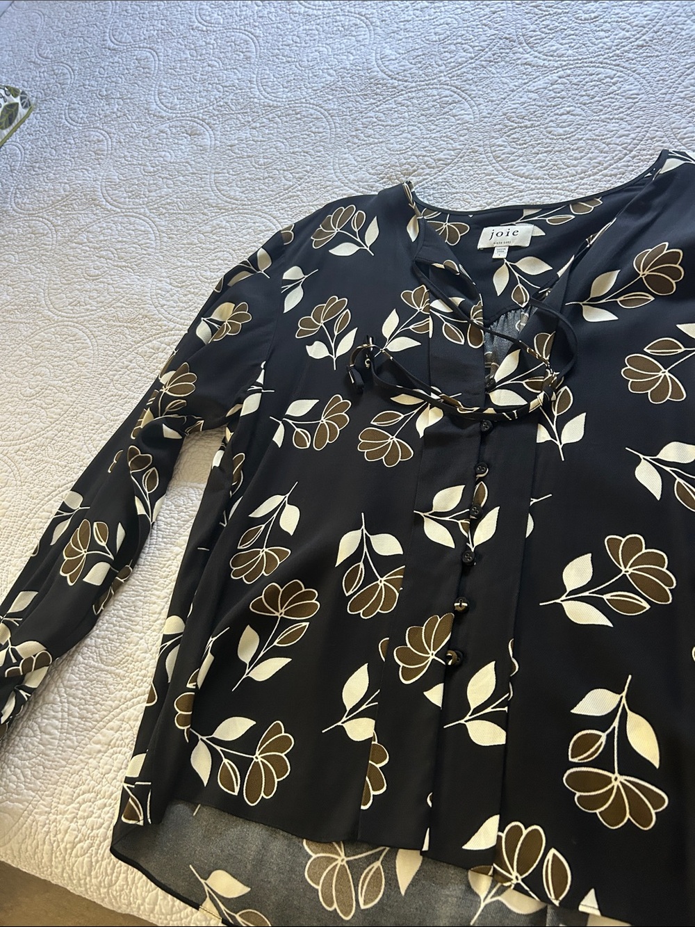 Joie Black Floral Tie-Neck Blouse with Cream and Brown Blooms
